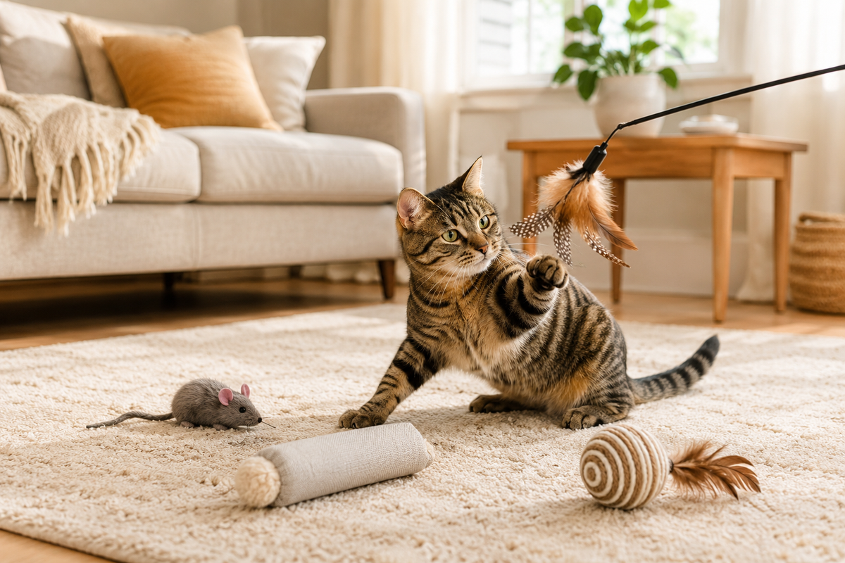 Indoor cat playing with feather wand and toys at home