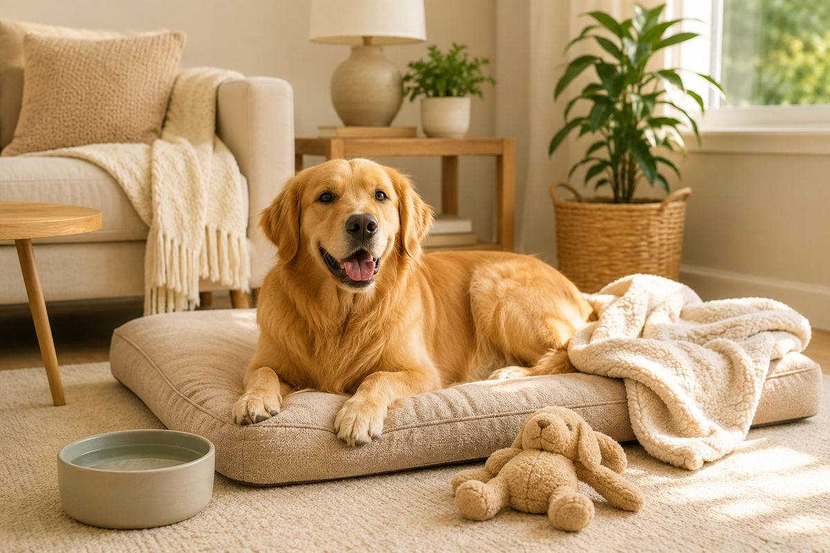 Dog resting on a comfortable bed in a cozy home