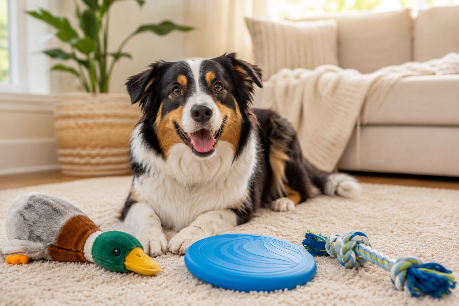 Dog playing with everyday toys at home