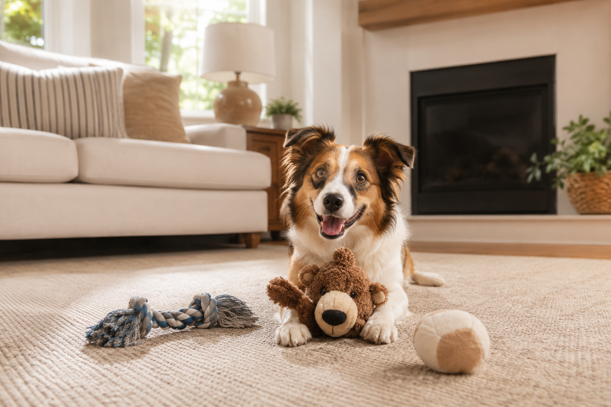 Dog playing with enrichment toys at home