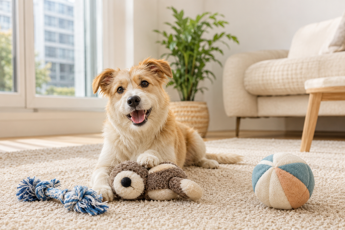 Dog playing with toys in a small cozy apartment