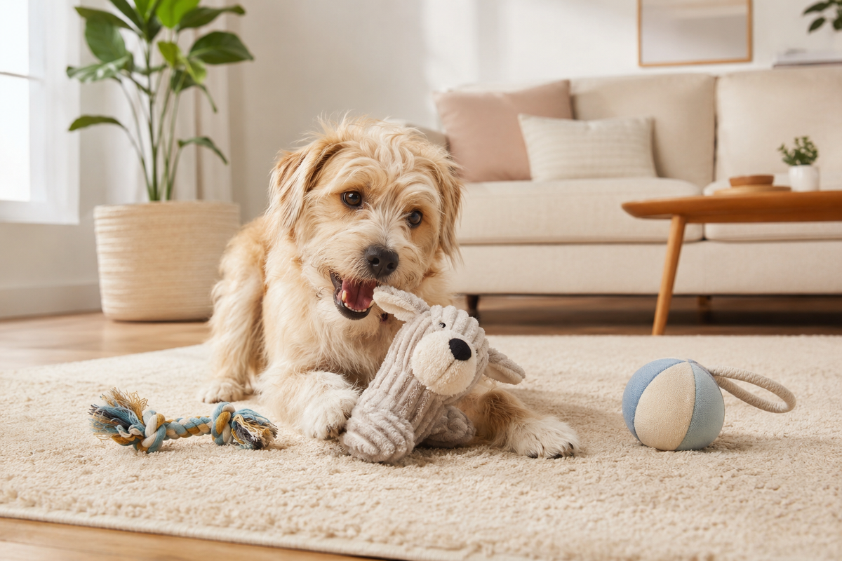 Dog playing with soft toys indoors at home