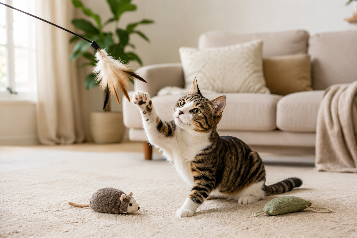 Indoor cat playing with feather wand and toys at home