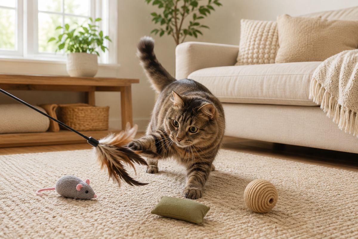 Indoor cat playing with cat toys at home
