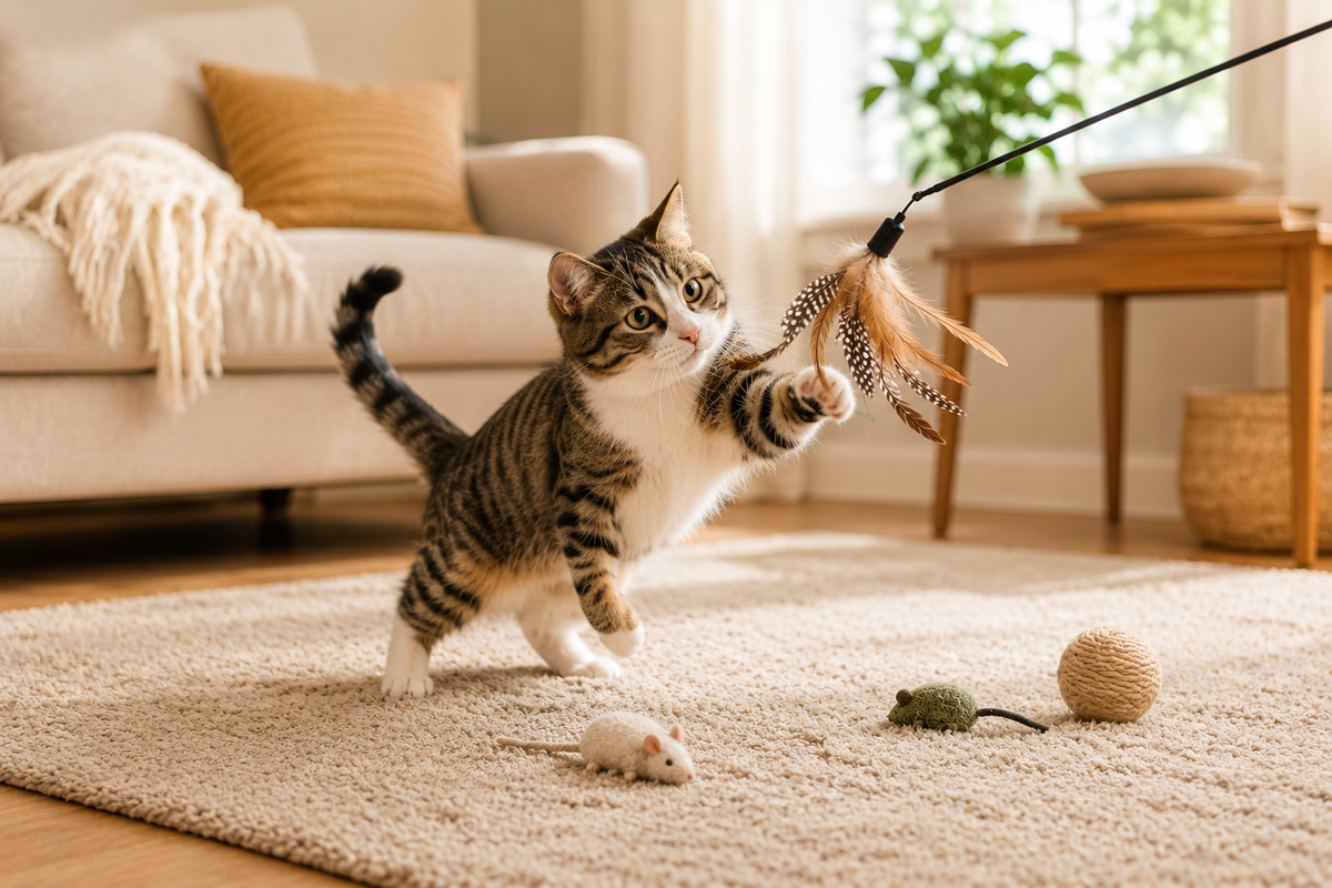 Indoor cat playing with a feather wand toy at home